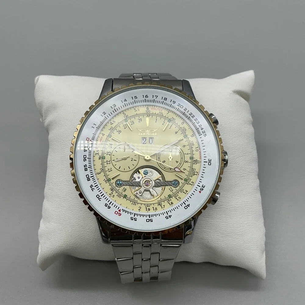 Jaragar Mens Watch 50mm Champagne Dial Automatic Skeleton Stainless Bracelet